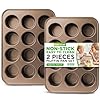 Nutrichef muffin pans for baking nonstick 2 piece cupcake tin w 12 cups carbon steel stackable cup cake tray dishwasher safe gold  urban country home decor