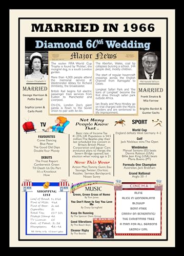 1966 60th Diamond Wedding Anniversary Married in 1966 A4 Framed Poster 60 Years Ago Facts & Trivia Print Unique Keepsake for Couples Parents & Grandparents