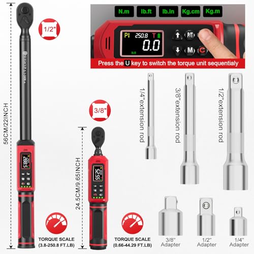 Image of SUERCUP 3 /8 inch 1 /2 inch Digital Torque Wrench, 0.66-44.29Ft.Lb & 3.8-250.8Ft.Lb | ±1% Accuracy, 0.9-60N.m & 5.1-340Nm Electric Torque Wrench Set, for Auto Repair, Lug Nuts, Engine, Suspension, Moto & Bicycle