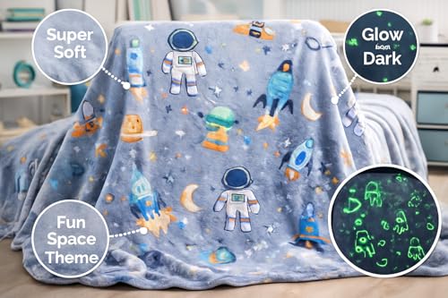 Image of Ultra-Soft Space Themed Baby Blanket for Kids - Plush Grey-Blue Fleece with Rockets, Astronauts & Planets - Cozy Nursery Bedding & Stroller Wrap (Rocket Grey)