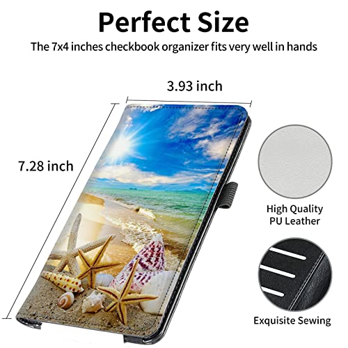 Image of FUYOCWE Leather Checkbook Covers for Men Women Check Book Holder Cover Wallets for Personal Checkbook Duplicate Checks with RFID Blocking & Elastic Strap-Beautiful Beach Seashells