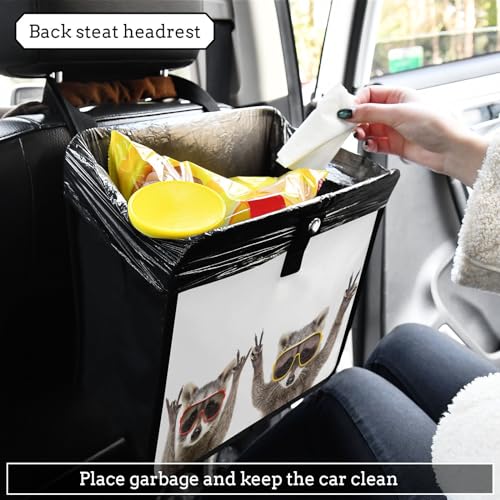 Image of Funny Raccoons Sunglasses Animal Car Trash Can, Foldable Hanging Car Trash Bag, Small Waterproof Car Accessories Garbage Bin