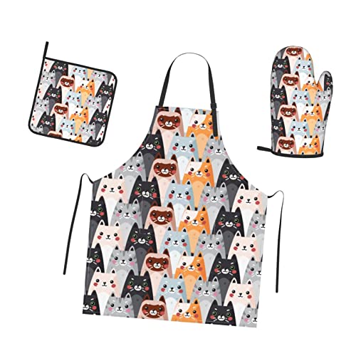 Oplp Funny Cute Cat 3 Piece Set Kitchen Waterproof Apron with Oven Mitt and Pot Holder Cooking Adjustable Apron Microwave Glove Potholder