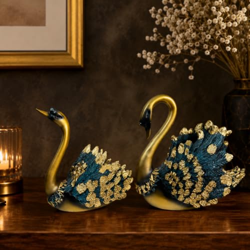 Image of eCraftIndia Set of 2 Golden Swan Showpieces for Home Decor | Decorative Swan Pair Figurines with Blue & Gold Feather Design | Modern Tabletop Sculpture for Living Room, Office & Gifting