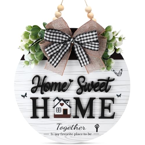Home Sweet Home Sign Wooden Welcome Sign for Front Door 3D Farmhouse Porch Decor Hanging with Rustic Beads Outdoor Wall Decor Welcome Hanger for All Season (White)