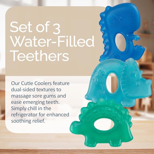 Image of Itzy Ritzy Water-Filled Teethers - Cold Cutie Coolers Textured On Both Sides to Massage Sore Gums & Emerging Teeth - Can Be Chilled in Refrigerator, Set of 3 Coordinating Dinosaur Water Teethers