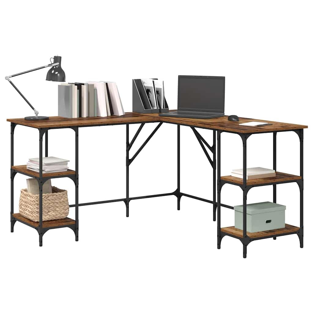Scrivania angolare in legno anticato, 139 x 139 x 75 cm, a forma di L, con scaffale, autoportante, moderna scrivania da ufficio per casa e studenti, con molto spazio di archiviazione, in stile