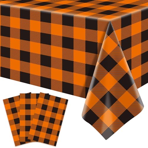 Image of Gistome 3-Piece 54 x 108 Inch Orange and Black Checkered Plastic Tablecloth - Disposable Rectangle Table Cover for Dining, Birthday, Halloween, Thanksgiving, Autumn Fall Themed Decorations