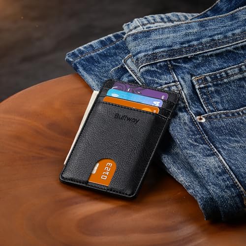 Image of Buffway Mens Slim Wallet, Minimalist Thin Front Pocket Leather Credit Card Holder with RFID Blocking for Work Travel | Minimalist