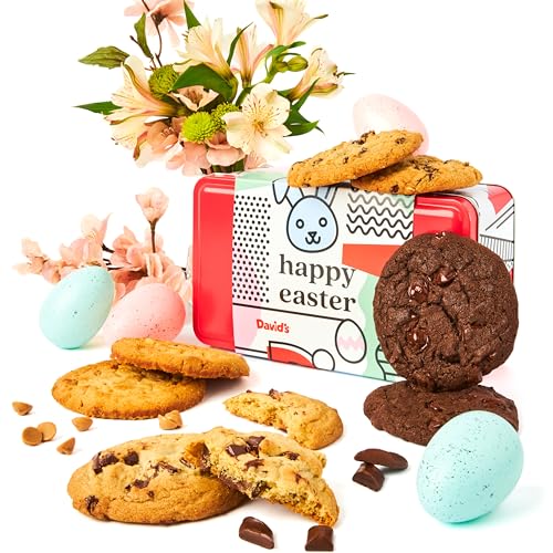David’s Fresh Baked Assorted Cookies Sweet Sampler in Happy Easter Tin 8 Count – Chocolate Chunk, Peanut Butter Chip, Double Chocolate Chunk & Oatmeal Raisin Flavor, Delicious Gourmet Easter Gift