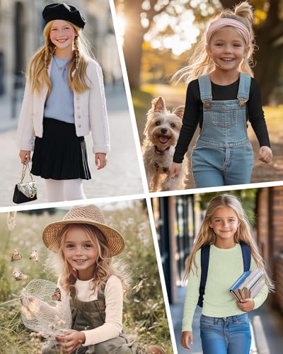 Image of 4 Pack Girls Long Sleeve Shirts Ribbed Knit Cotton Crewneck Tops Slim Fit Soft Casual Kids Base Layer Undershirts