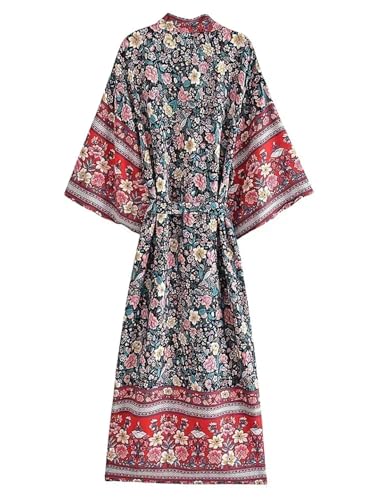Robe de plage vintage fluide à imprimé floral rose et manches chauve-souris