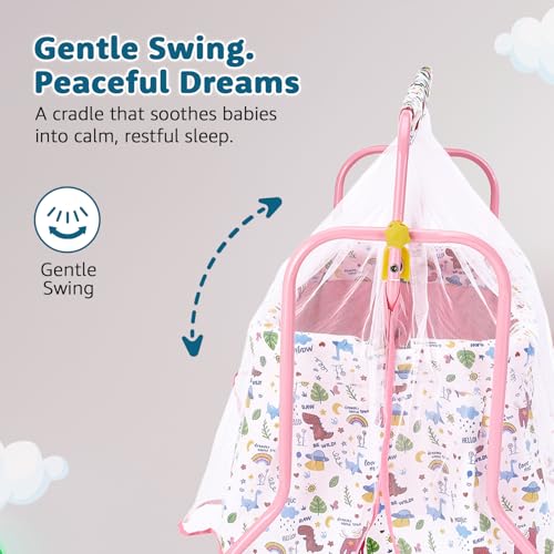 Image of Amazon Brand - Supples Baby Cradle with Swing & Mosquito Net | 0-8 Months | Swing Lock | 4 Wheels with Brake | Soft & Comfortable for Baby Sleep | Sturdy Mild Steel Frame | Pink