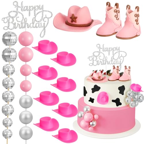 RoundFunny 26 Pcs Cowgirl Cake Decorations Cowgirl Cake Topper Disco Decorations Hat Topper Western Cowboy Birthday Baby Shower for Western Theme Party Supplies(Pink,Cute)
