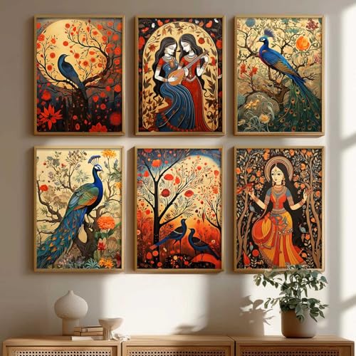 Image of kotart Premium Digital Madhubani Art Paintings with Frame for Home Decor - Framed Painting for Living Room Bedroom Office Room Decor - Painting for Wall Decoration - Pack of 6 (10X13 inch)