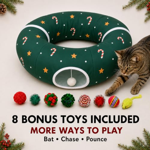 Image of Cat Tunnel Bed in Christmas Style with Star, Crutches Candy, and Snowflakes Patterns - 3FT x 3FT x 9.8 INCH Size Green Decorative for Festive Felines