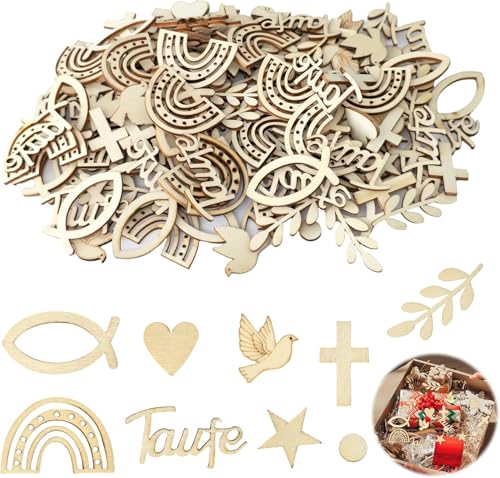 180 Pièces Confettis en Bois pour Baptême – déco de table à éparpiller en bois naturel (poissons, croix, arcs-en-ciel), réutilisable, Confettis en Bois...