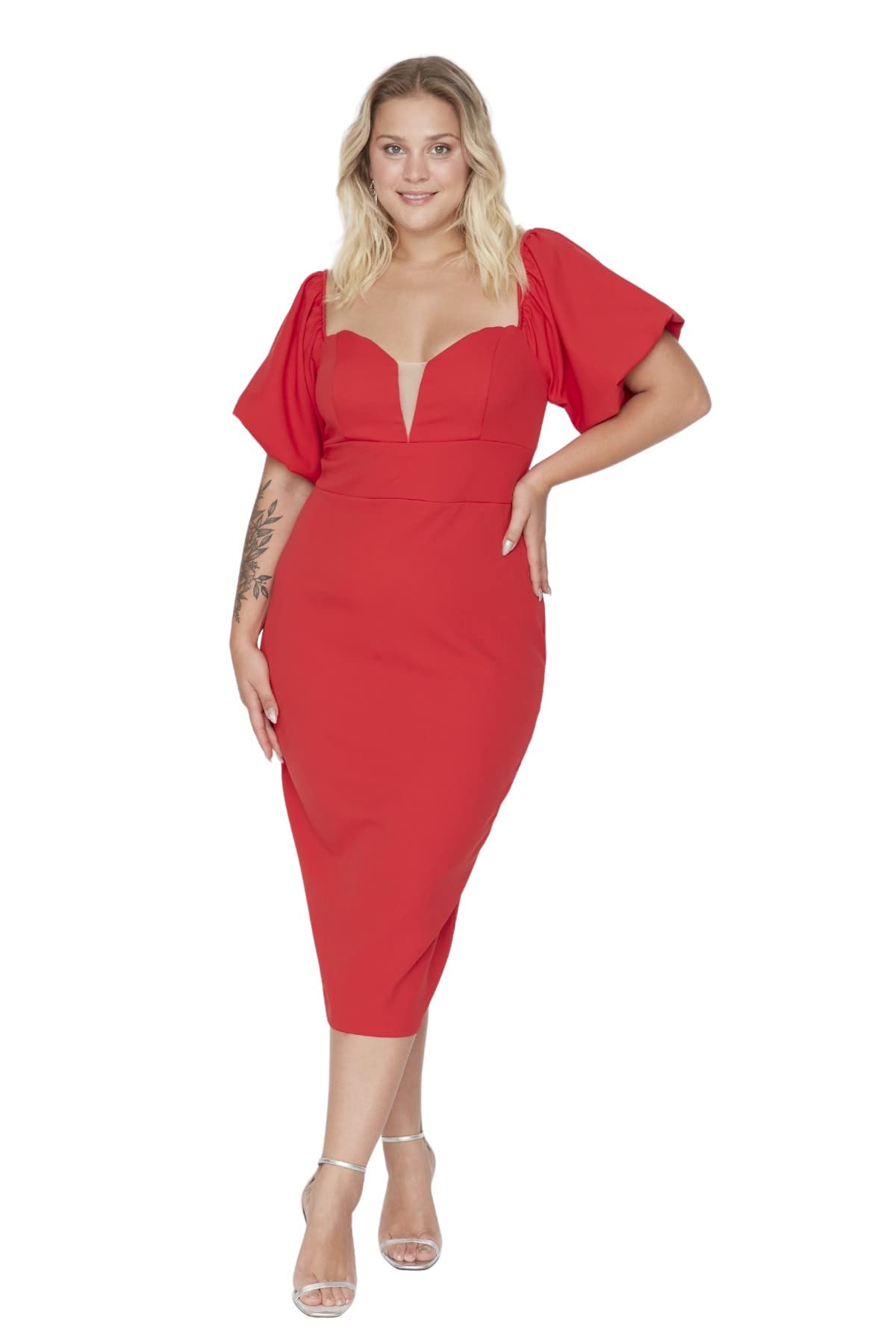 Trendyol FeMan Plus Size Midi Bodycon Fitted Woven Plus Size Dress Red