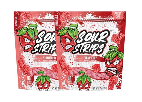 Sour Strips Sour Candy Belts, Strawberry Resealable Candy Bags, 10.2 Ounce (Pack of 2)
