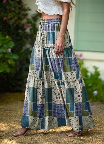 Image of Lepunuo Womens Casual Boho High Waisted Flowy Maxi Skirts Tiered Floral Long Skirts with Pockets for Summer Beach Vacation