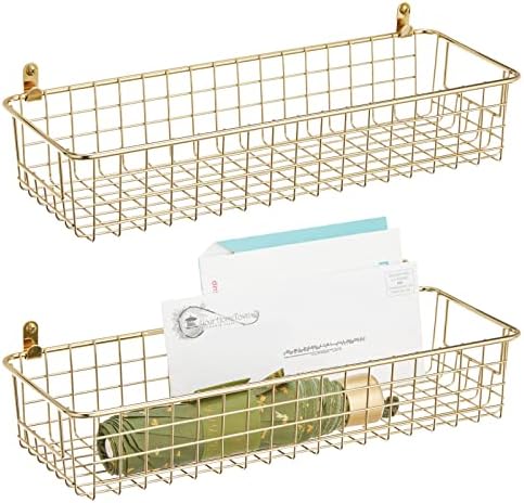 mDesign Set of 2 Hanging Storage Baskets  Large Wall-Mounted Metal Wire Basket  Multi-Purpose Organiser Tray for Household Items  Bronze