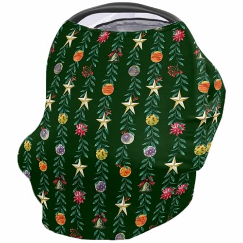 Nursing Cover for Breastfeeding Scarf, Christmas Winter Plants Stars Bell Berries Green Baby Car Covers Super Soft Multi Use for Canopy Shopping Cart Cover Blanket Stroller Cover