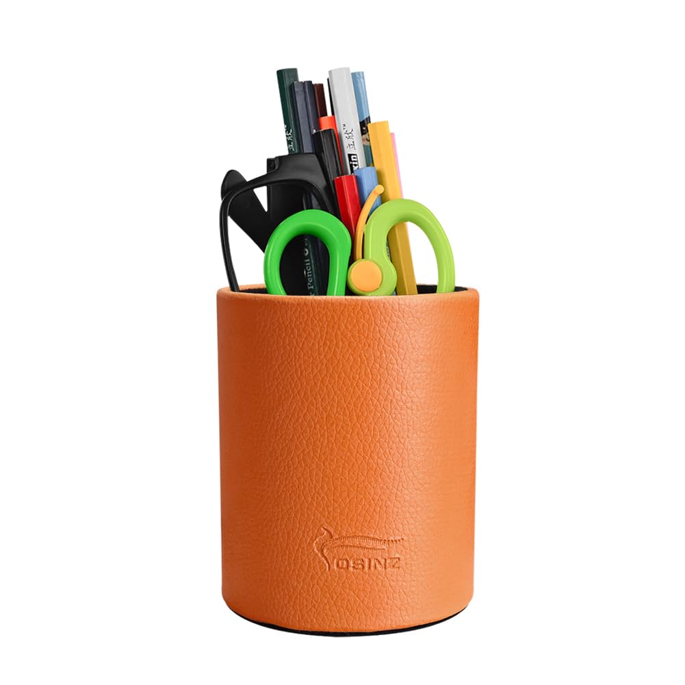 Fosinz PU Leather Pen Holder Round Pencil Holder Pen Pot Pen Cup Makeup Brushes Holder Stand Display Desk Stationery Organiser for Home Office School(Orange)