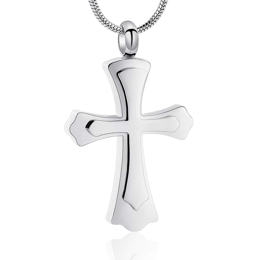 Stainless Steel Cross Memorial Cremation Ashes Urn Pendant Necklace Keepsake Jewelry Urn (Silver Color)