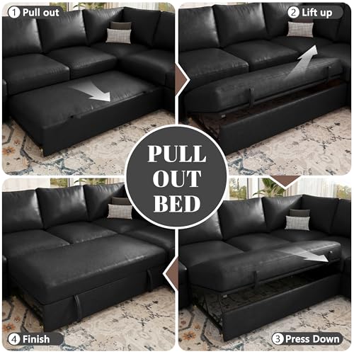 Image of 108 Inch Faux Leather Modular Sectional Sofa with Pull Out Bed,U Shaped 7 Seat Sectional Sleeper Sofa with Storage,Sectional Couches for Living Room,Cloud Modular Couch,Black Leather