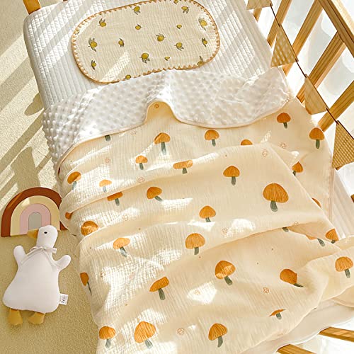 Image of Baby Blanket for Unisex Boys Girls Toddler, Soft Minky with Double Layer Dotted Backing and Muslin Cotton Front, 39 X 43 in (Mushroom) Nursery Bed Throw Quilt