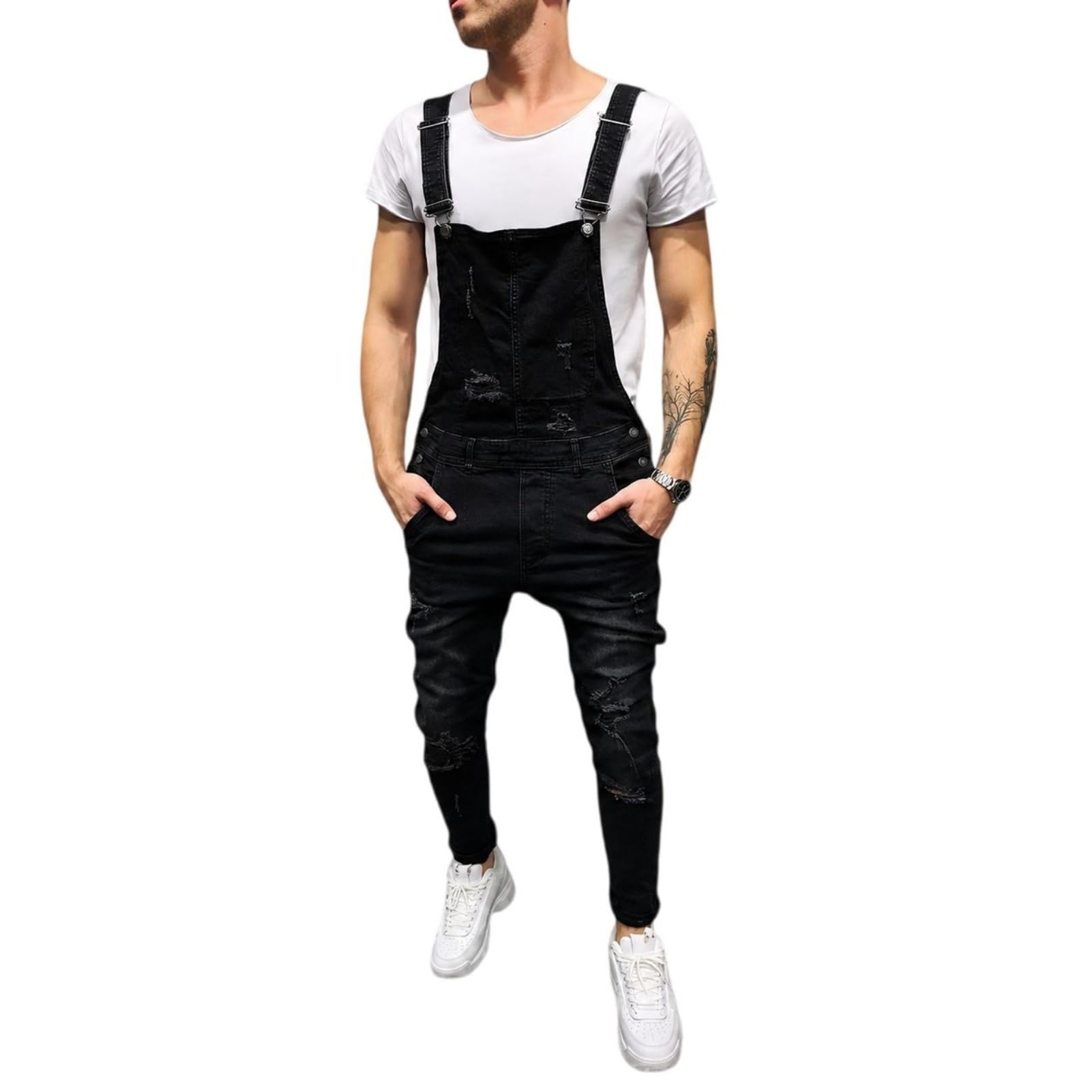 Męskie spodnie jeansowe w stylu used look, proste nogawki, luźne spodnie z szelkami z przodu