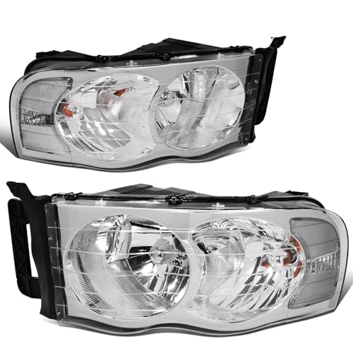 DNA MOTORING Pair Headlights Compatible with 02-05 Dodge Ram 1500 2500 3500, Left & Right, Chrome Housing Clear Corner, HL-OH-DR02-CH-CL1