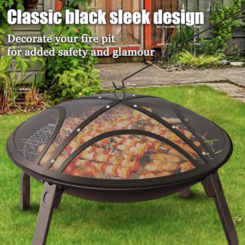 Fire Pit Spark Screen, 22 Inch Outdoor Fire Pit Screen with Handle & Poker, Heavy-Duty Steel Fire Pit Cover Round Mesh Replacement Firepit Screen for Backyard/Beach/RV Camping - Image 4