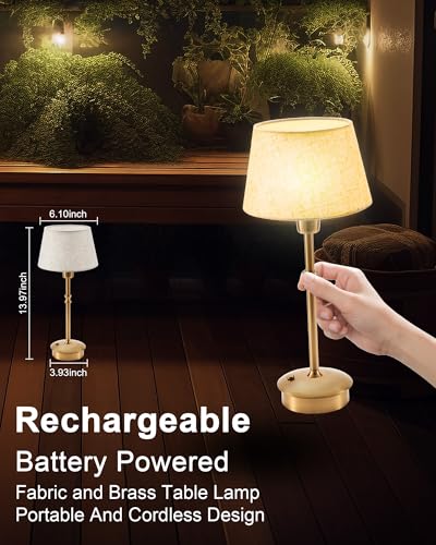 Umexus HVUS-20632M1 Portable Cordless Table Lamps Rechargeable, 5000Mah Battery Operated, 3 Level Brightness Dimmable, Night Bedside Lamp, Ambient Lamp For Patio, Restaurant, Dinning, Fabric Shade, Antique Brass thumb #3