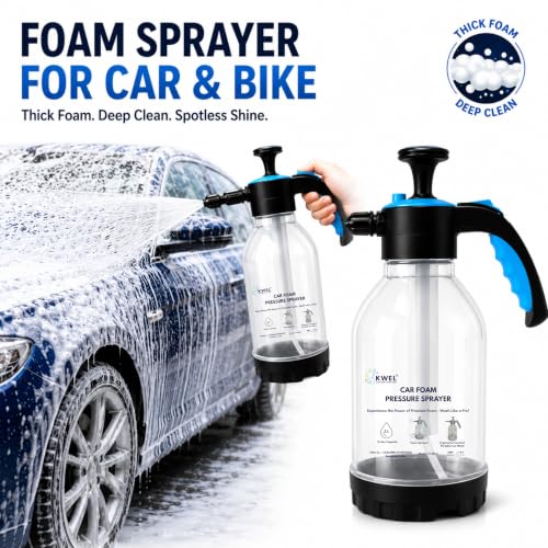 Image of KWEL 2 Litre Manual Foam Sprayer with 100 ml Car Wash Shampoo | Hand Pressure Pump Foamer for Car, Bike & Scooter Washing | Portable Vehicle Cleaning Kit for Home & Garage