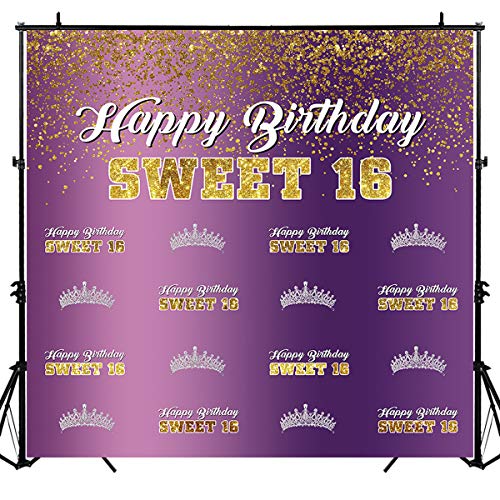 Sensfun Sweet 16 Backdrop Girls 16th Birthday Photography Background 6x6ft Vinyl Purple Gold