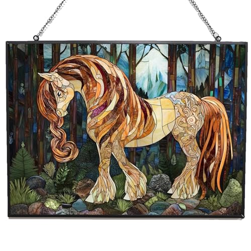 365CUSGIFTS Personalized Rectangle Boho Pony Braiding Mane Stained Glass Window Hangings Stained Glass Suncatcher Birthday Gift for Mom Grandma Teacher Women Friend Memorial Hook