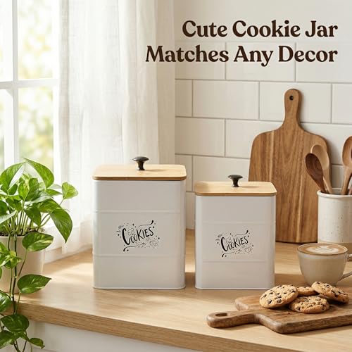 Image of Goaste 2 Sizes Metal Cookie Jars with Lid, 101 & 54 OZ White Candy Cookie Tins, Decorative Food Storage Containers, Vintage Cookie Canister with Wide Opening for Kitchen Counter, Pantry, Gift Giving