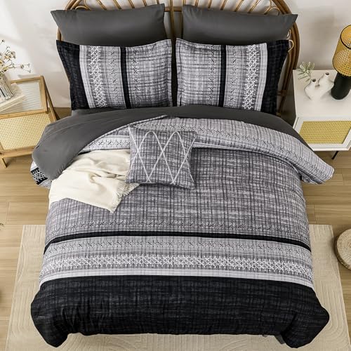 Image of Dintszyayue Black Comforter Set Queen Size, 8 Pieces Boho Striped Bed in a Bag Soft Microfiber Bedding Set for All Season