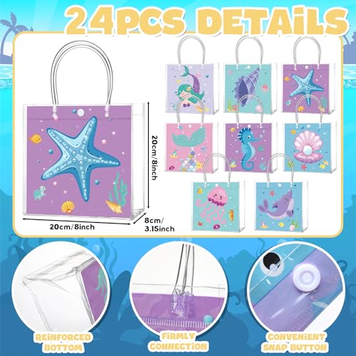 Image of Teenyyou 24 Pcs Mermaid Clear Gift Bags with Handles Under the Sea Party Favor Goodie Candy Treat Tote Gift Bags for Ocean Theme Birthday Party Supplies