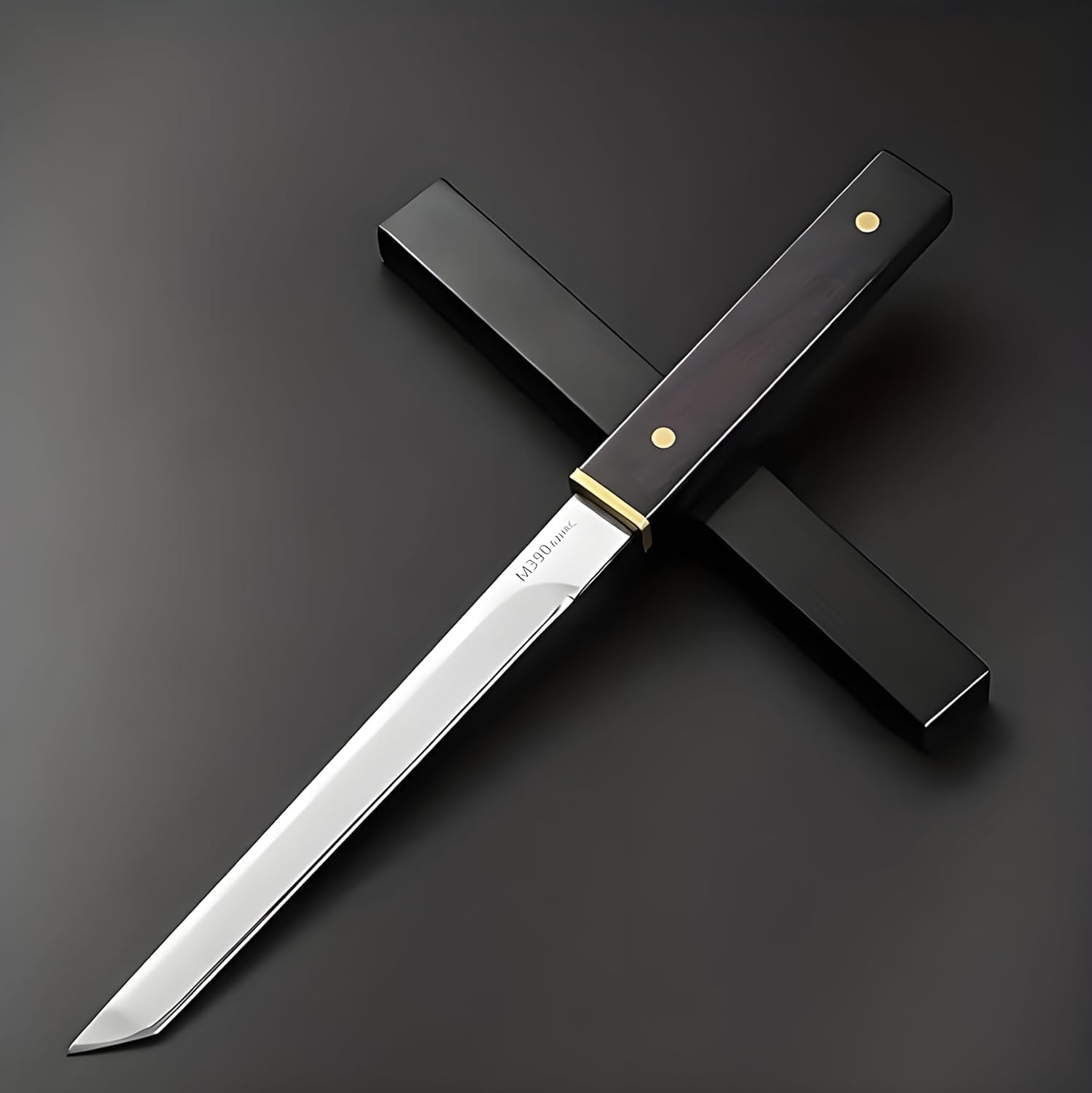 Tanto Fixed Blade Knife, M390 Steel, Black Handle with Brass Bolster, 12cm Blade, Includes Sheath-picture-27