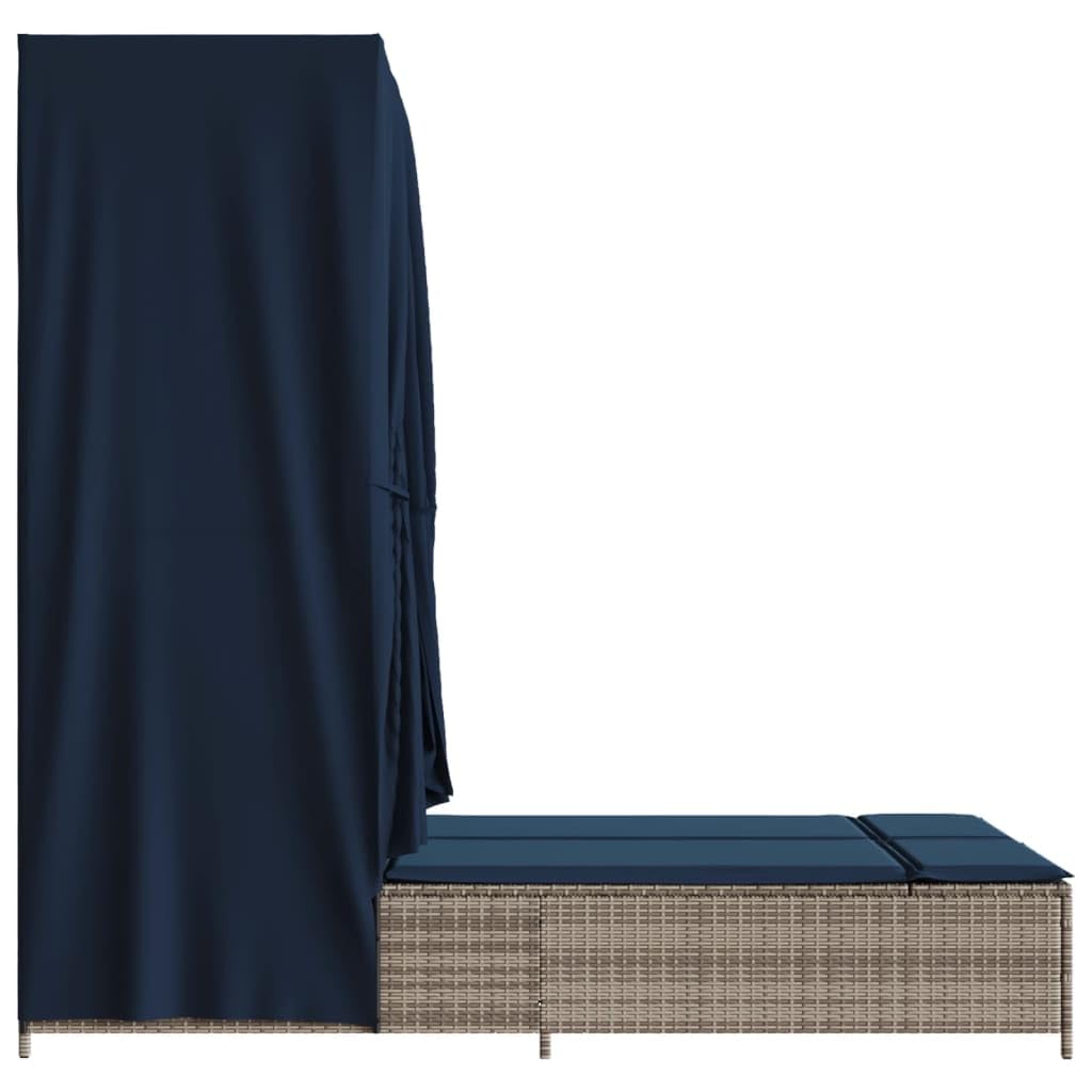 Chaise longue double avec toit et rideaux en polyrotin gris, dossier réglable, résistant aux intempéries, avec coussin rembourré, ergonomique pour jardin, terrasse, balcon et piscine
