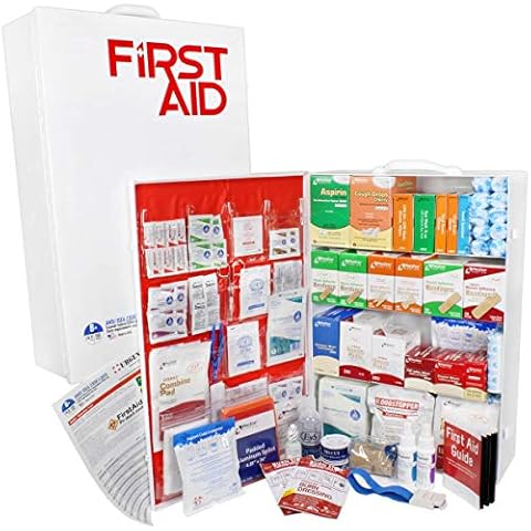 OSHA & ANSI 4 Shelf Industrial First Aid Cabinet with Pocket Liner, 150 Person, 1125 Pieces, 2015 Class B+, Types I & II, Made in USA by Urgent First Aid™ with extra content & NEW ANSI First Aid Guide Cover