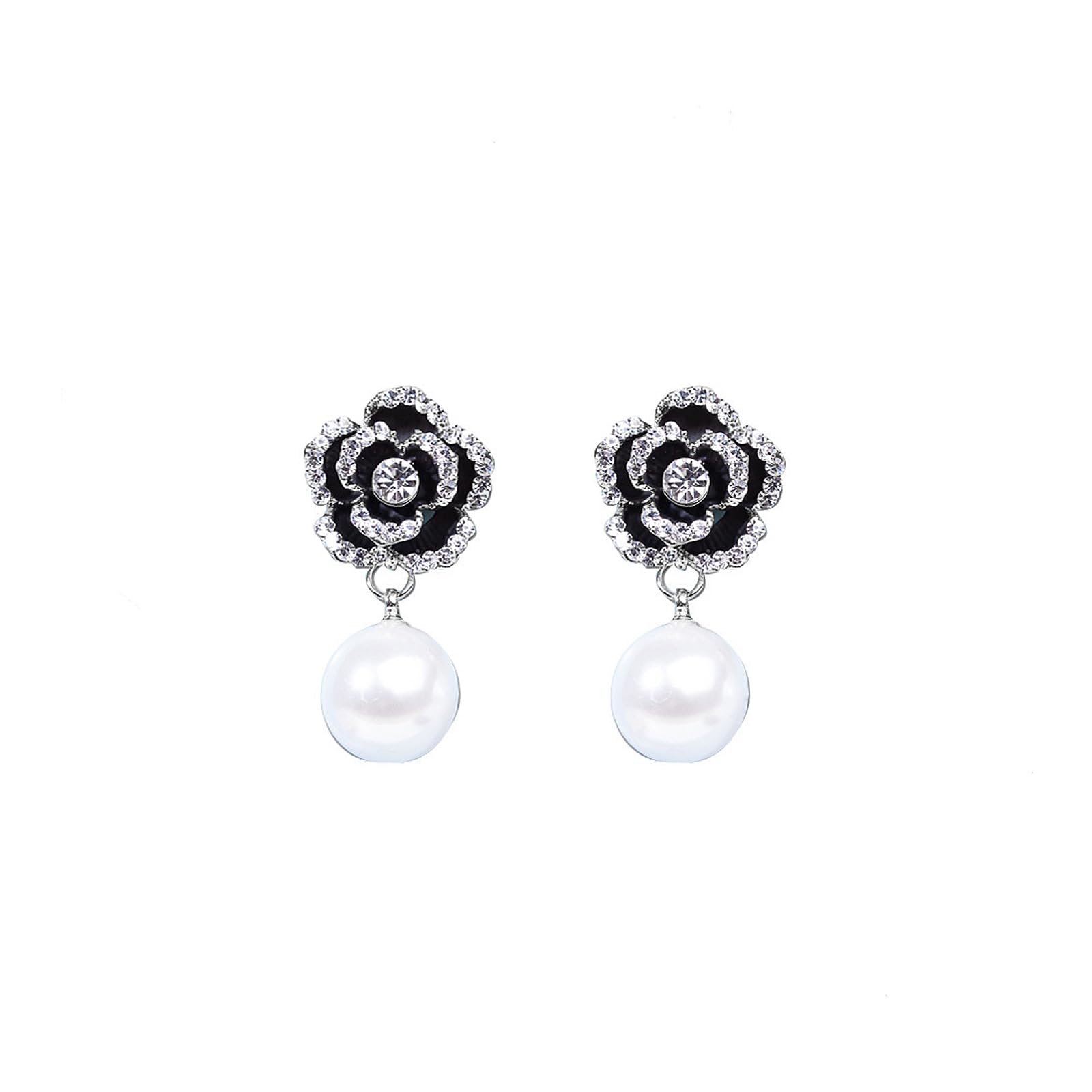 Fashion Crystal Flower Pearl Dangle Earrings for Women Bling Zircon Floral Ball Drop Earrings Petal Bead Dangling Earrings Jewelry Accessories