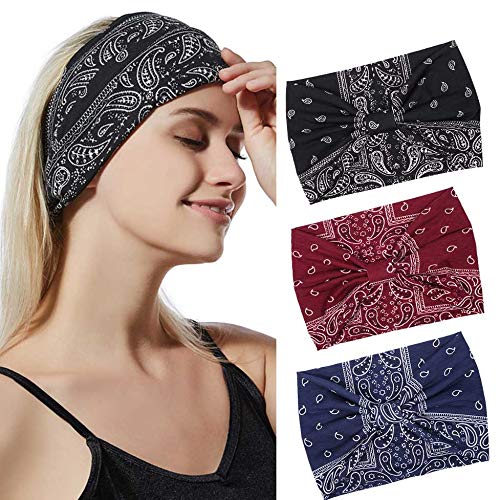 Campsis Boho Turban Headbands Black Knotted Hair Scarf Printed Criss Cross Head Wrap Yoga Outdoor Running for Women and Girls (Pack of 3)
