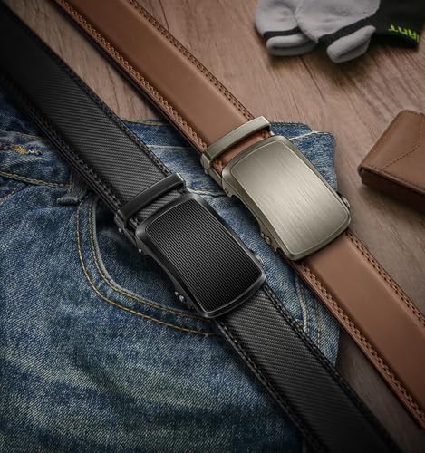 Image of KEMISANT Men Belt 2 Pack, Leather Ratchet Belt Easy Click Slide For Men 1 3 /8 inch,Cut for Fit