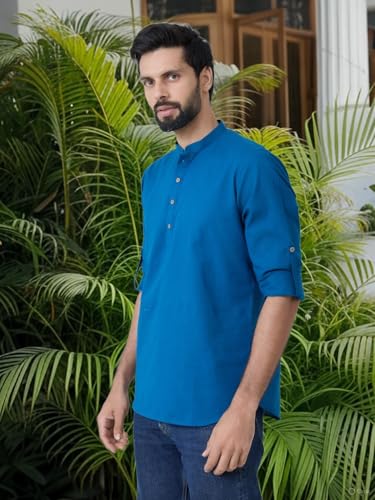 Image of See Designs Men's Roll-Up Sleeve Mandarin Collar Cotton Solid Short Kurta (Pack of 2) - Festive Collection