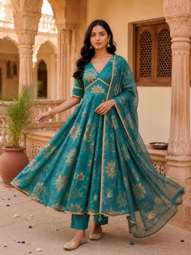 Image of KD Women's Cotton Printed Kurta Set with Pants & Dupatta | Elegant Ethnic Wear for Women | Floral Print |