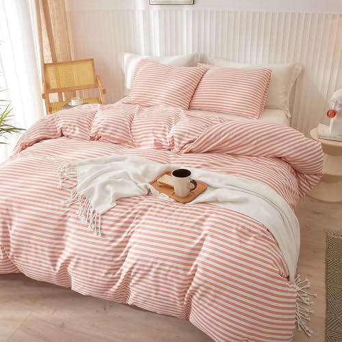 Image of Full Comforter Set Pink White Stripes Pattern Comforter Full Modern Style Striped Comforter with 2 Pillowcases Lightweight 3 Pieces Boho Bedding Comforter Farmhouse Striped Fluffy Comforter Set