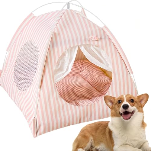 Mini casa de campaña, gato plegable para interiores y exteriores con tapete grueso, tienda de campaña para perros semi cerrada, cómodo cojín de descanso para animales con malla para todas las